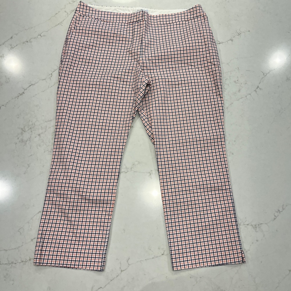 Boden Plaid Ankle‎ Pants Women 16R Peach Navy Blue Cotton Checkered Plaid Career